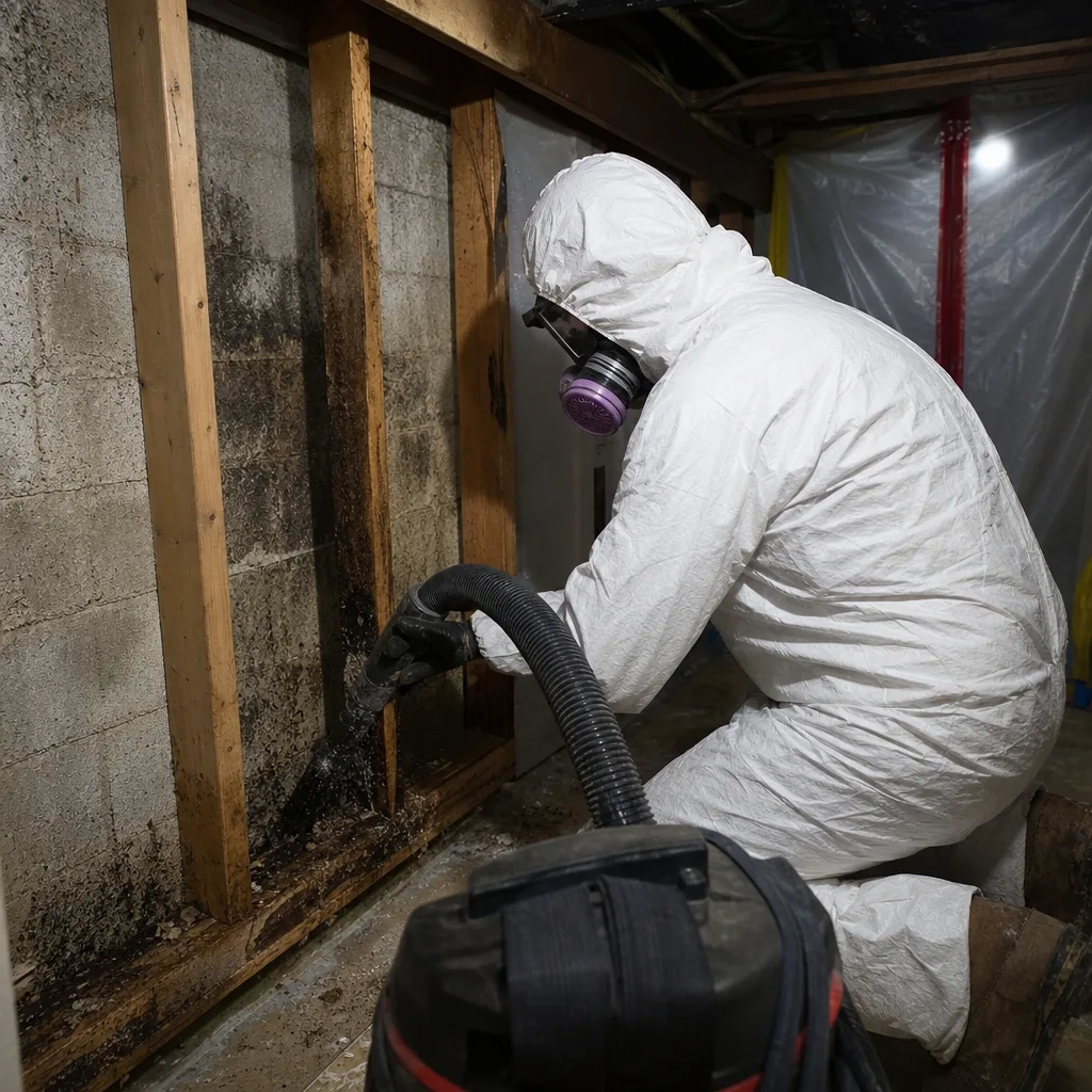 Professional in hazmat suit performing basement mold remediation and cleaning