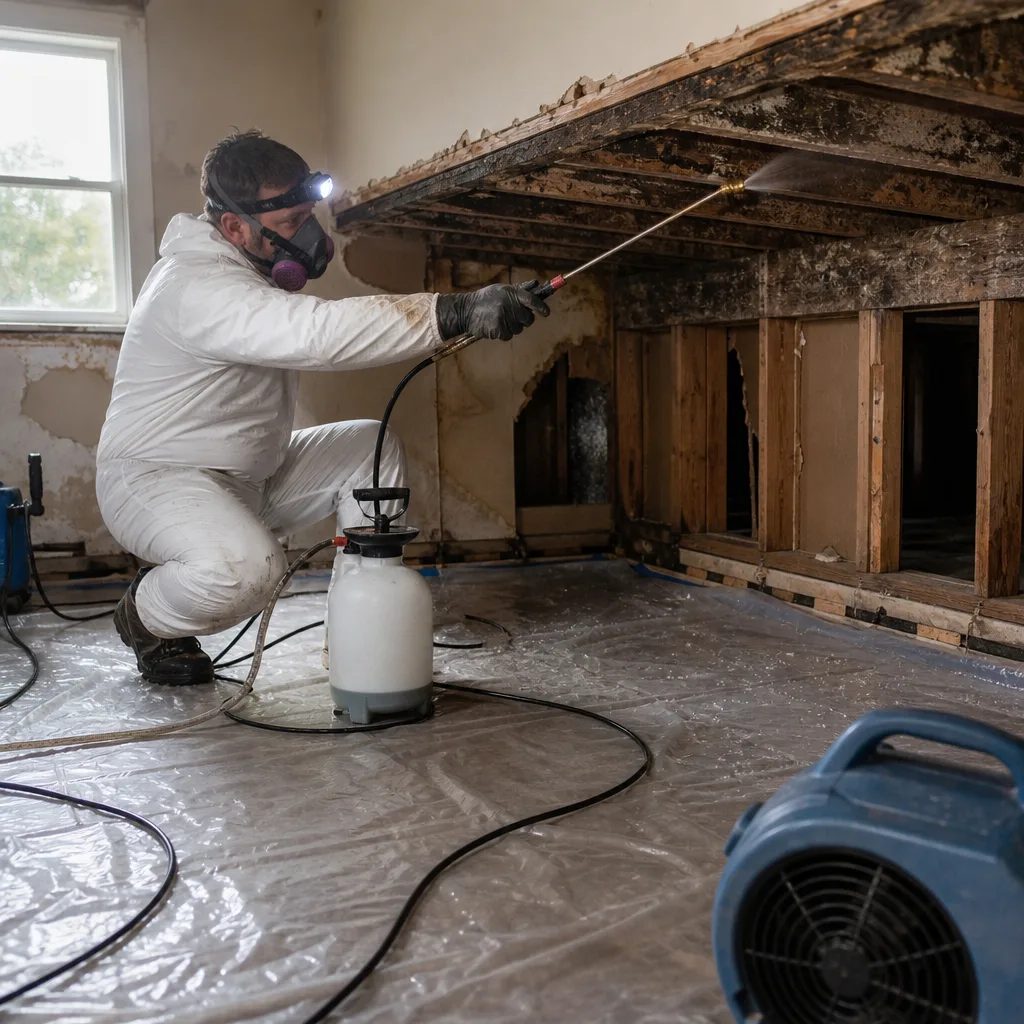 Professional mold remediation specialist cleaning and treating damaged wooden building materials.