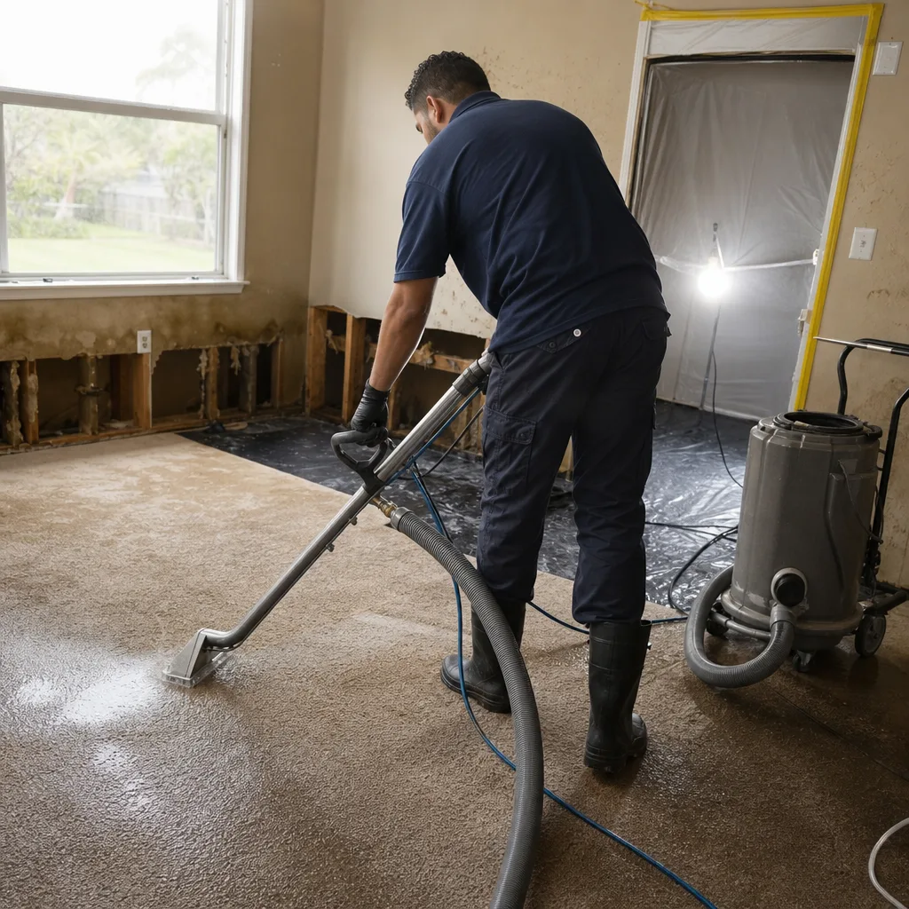Technician performing water damage restoration on carpet with industrial extraction equipment